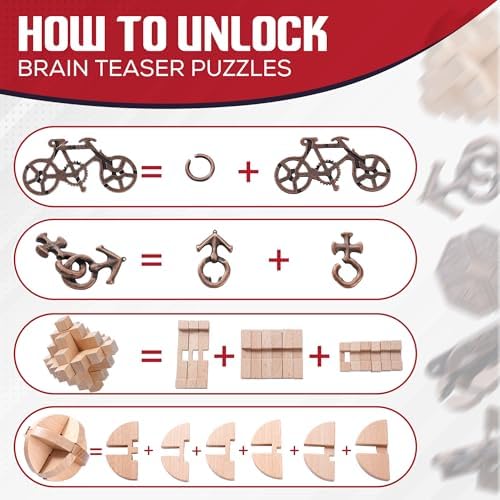 9pcs Metal & Wooden Brain Teaser Puzzles Set, 3D Brain Teasers Steel Puzzles for Adults Teens Kids, Educational IQ Unlock Interlock Puzzle Gift Set - Image 3