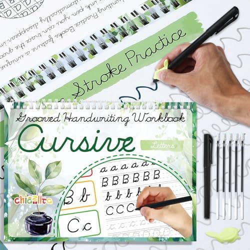 chiazllta Grooved Cursive Handwriting Workbook with Disappearing Ink Pens Magic Reusable Grooved Cursive Writing Practice for Beginners Kids Kickoff Student Workbook Homeschooling Supplies (Letters) by chiazllta