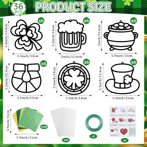 Qyeahkj 36 Set St. Patrick's Day Suncatchers Crafts for DIY Shamrock Window Tissue Paper Craft Kit Hanging Decor for St. Patrick's Day Home Activity Art Project Birthday Party Favor - Image 2