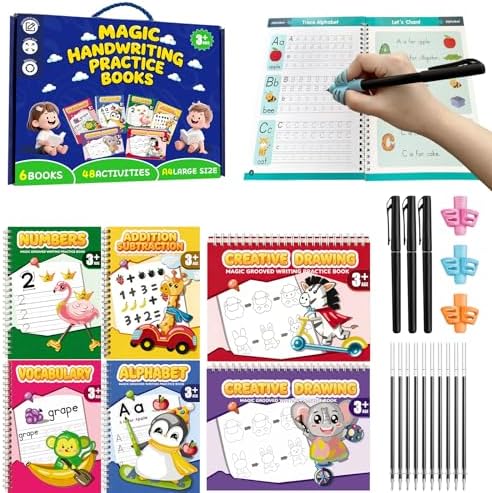 Magic Grooved Writing Practice Books, Reusable Handwriting Practice for Preschool Kids Ages 3-8, Large Tracing Workbooks for Kids 3-6 by LOBUBT