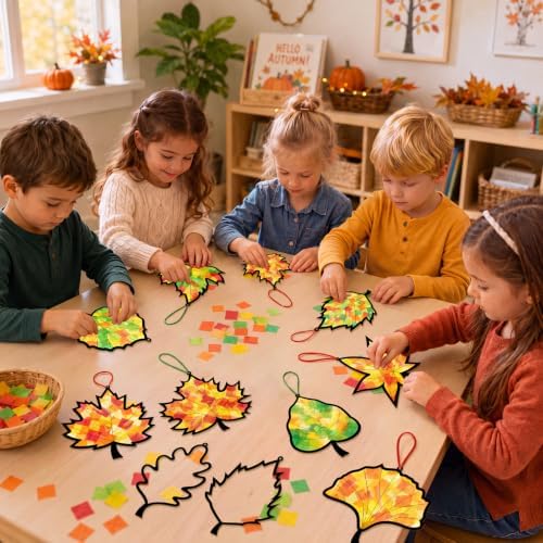 48PCS Fall Crafts Bulk: Leaves Paper Suncatchers DIY Kit for Autumn Thanksgiving Activities Decorations, Window Stained Glass Effect Art Supplies(Black,Style 2) - Image 6