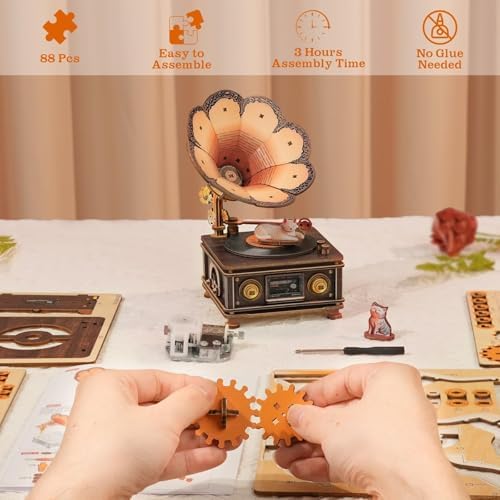 3D Wooden Puzzle Mechanical Gramophone, Wood Model Kits for Adults - 3D Puzzles for Adults Cats, Mechanical Music Box Kits, Unique Graduation for Cat Lovers, Decor - Image 2