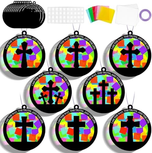 QOUBAI 32 Sets Easter Cross Suncatchers Craft Kit DIY Religious Window Stained Glass Effect Christian VBS Paper Hanging Ornament Kid Sunday School Birthday Gift Creative Art Project Activity Game by QOUBAI