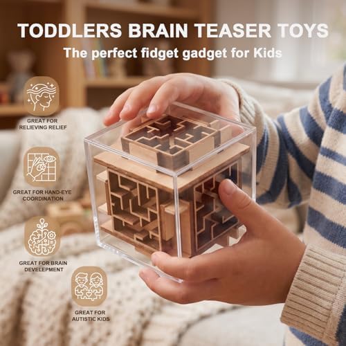 Fidget Brain Teaser Games for Kids: Wooden Puzzle Fidget Toy for Toddlers - Handheld Maze Puzzle Cube for Travel - 3D Labyrinth Game Road Trip Toys for Boys & Girls Ages 3-8 - Image 3