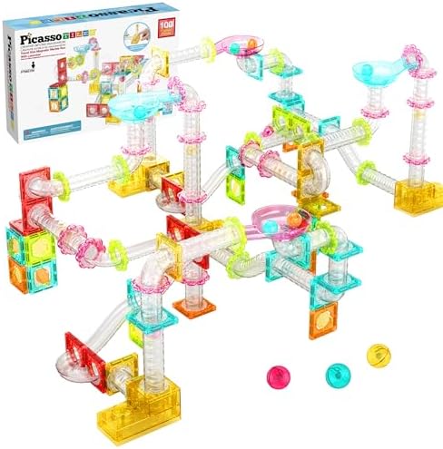 PicassoTiles 100pc Magnetic Marble Run Travel Size Tile Blocks Construction Kids Toy Set On The Go Mini Magnet Tiles Marbles Playset for Race Track Building Block STEM Learning Kit Boy Girl 3+ PTMG100 by PicassoTiles