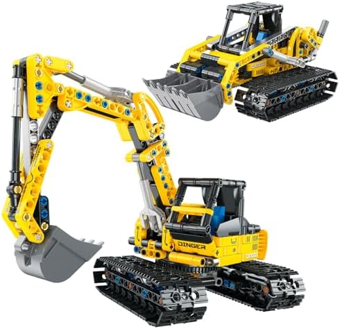2-in-1 Excavator & Bulldozer Building Set, 399-Piece STEM Construction Vehicle Kit with Rotating Cab and Moving Arm, Creative Engineering Toy for Kids by lonfypeng
