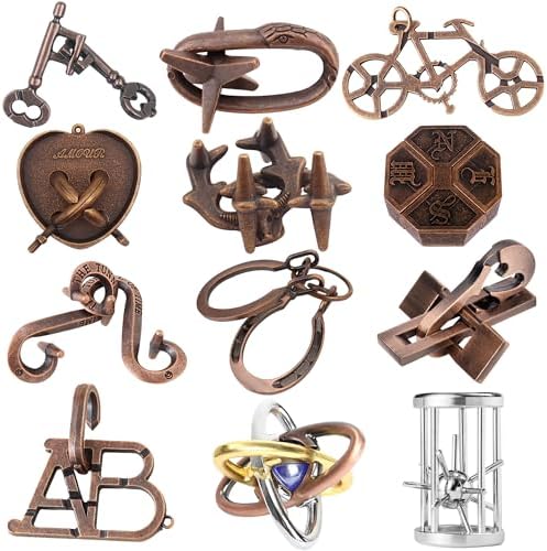 12Pcs Brain Teaser Puzzles for Adults and Teens, 3D Metal Puzzle Set with Various Difficulty Levels, IQ Logic Challenge Disentanglement Game, Fun Handheld Brain Teasers for Focus, Gifts for Boys Girls by Unknown