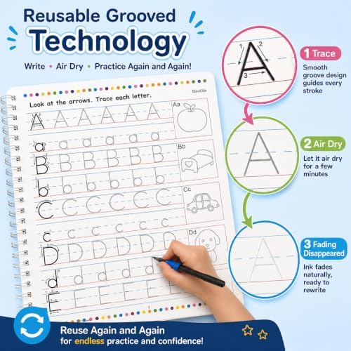 Magic Grooved Writing Practice for Kids, Trace Books for Kids Ages 3-5, 6-8, Handwriting Practice for kids 5-7, Teacher-Designed Reusable Magic Practice Copybook for Kids ages 3-8 (8.7×6.9in) - Image 2