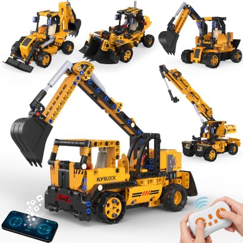 5-in-1 STEM Building Kit, RC Excavator or Crane Toy, Ages 8-13 by Unknown