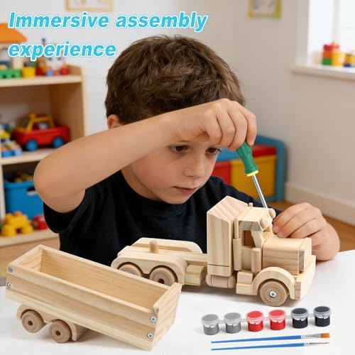 VOMOCNET 3 Pack DIY Wooden Model Building Kit, Includes Fighter Jet, Truck, Race Car, Paint Your Own Arts and Crafts, STEM Toys Birthday Gifts for Boys Girls - Image 5