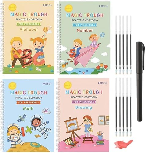 Magic Grooved Reusable Writing Books, Tracing Workbook for Kids Ages 3‑8 by Unknown
