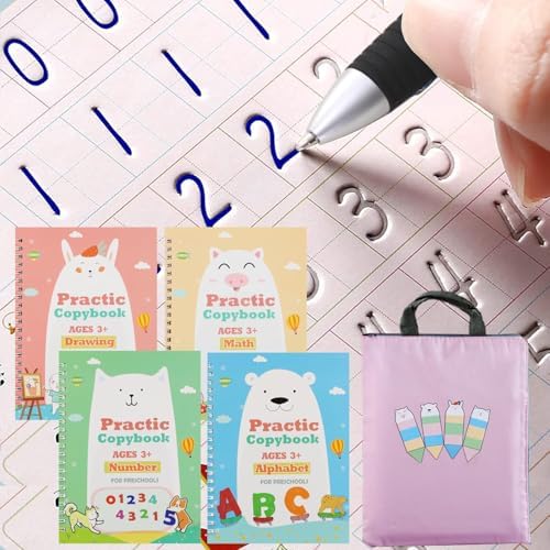 Upgraded Large Size Magic Practice Copybook for Kids, Reusable Writing Practice Book, Preschool Copybook (4 Books with Pens) - Pink Bag by ESAUYB