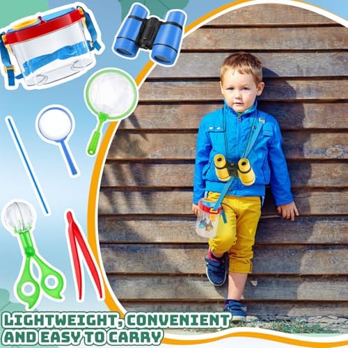 VioraWhite 6 Sets Bug Catcher Kit for Kids Outdoor Explorer Kit Summer Bug Collection Kit with Kids Binoculars Butterfly Net Magnifying Glasses Tweezers Bug Observation Containers with Shoulder Strap - Image 6