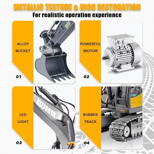 KIZJORYA Remote Control Excavator, Toys for Boys Age 6-12, Rechargeable 11 CH RC Construction Vehicles Truck with Sound Light Metal Shovel, Birthday for Kids 7 8 9 10+ Year Old(2.4 GHz) - Image 4