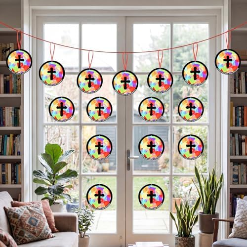 48PCS Sunday School VBS Crafts Bulk: Paper Cross Nativity Suncatchers, Jesus Religious Christian Activity DIY Kits Church Decorations, Window Stained Glass Effect Art Supplies(Round Shape) - Image 6