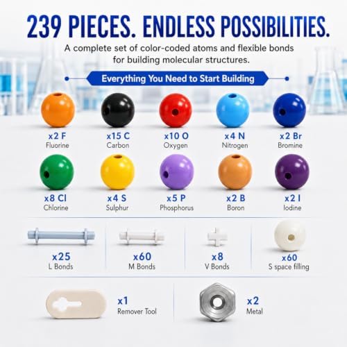 Lessons in Chemistry Model Kit - Old Nobby 239 Pc Molecular Set Organic Chemistry for Students - Complete Molecular Model Kit for STEM, Visualizing Atoms, Bonds and Structures - Image 2