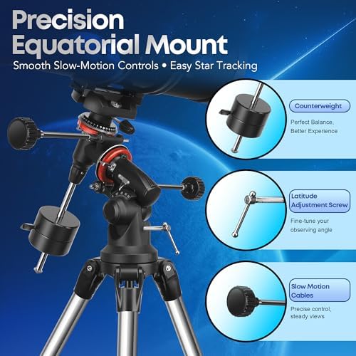 MEEZAA Telescope, 150EQ Newtonian Reflector Telescope for Adults Astronomy Beginners, Professional Astronomical Telescopes with Equatorial Mount, Tripod, Phone Adapter, Moon Filter and Large Carry Bag - Image 4