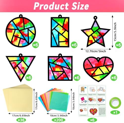 Qyeahkj 36 Set Geometric Shapes Suncatcher Crafts for DIY Star Window Tissue Paper Craft Kit Triangle Heart Hanging Decor for Summer Home Activity Art Project Birthday Party Favor Gift - Image 2