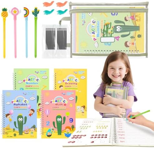 Handwriting Practice for Kids Ages 3-8, Reusable Magic Grooved Copybook - 4 Preschool Workbooks + 4 Pen Grips + 30 Refills + Pouch - Homeschool Kindergarten Learning Activities by PracticeJQDEN