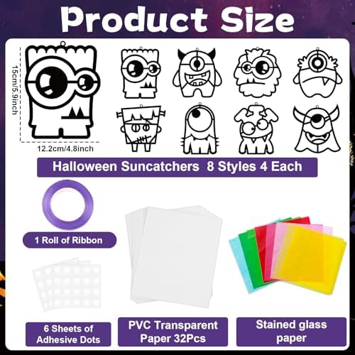 32 Sets Halloween Monster Suncatchers Craft Kit DIY Window Stained Glass Effect Halloween Monster Paper Crafts Home School Classroom Decoration Kid Birthday Gift Creative Art Project Activity Game - Image 2