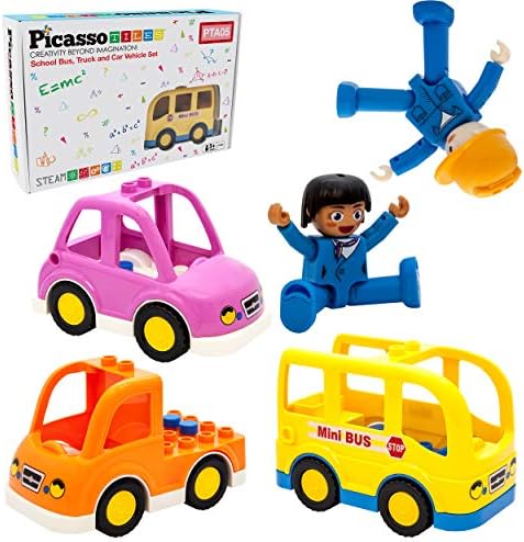 PicassoTiles Magnetic Figures 5 Piece Vehicle and Action Figure Set Including School Bus, Car, Truck and 2 Drivers Magnet Expansion Pack Toddler Toy Kit Pretend Playset for Construction Building Block by PicassoTiles