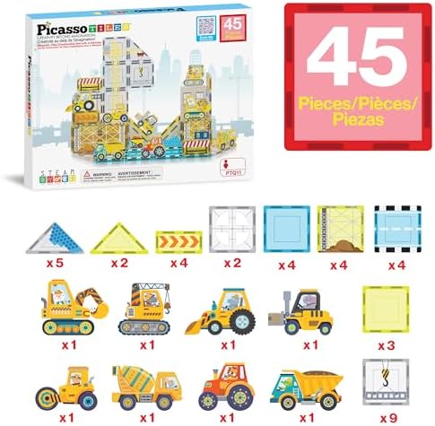 PicassoTiles Magnet Tiles Magnetic Building Blocks with 8 Construction Vehicles Crank Truck Excavator Bulldozer Road Roller Concrete Mixer Tractor Dump Truck Forklift Toys Learning Kids Ages 3+ PTQ11 - Image 3