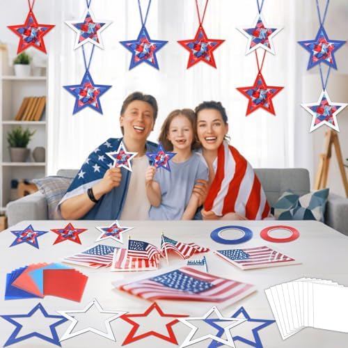 Qyeahkj 36 Set 4th of July Suncatchers Crafts for DIY Patriotic Star Window Tissue Paper Craft Kit Star Hanging Decor for Patriotic Home Activity Art Project Birthday Party Favor Gift - Image 5