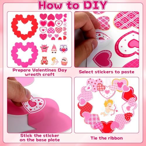 Lonfliness 24 Sets Valentines Wreath Craft for Kids DlY Hanging Decor Valentine's Day Heart Paper Wreath Craft Ornament with Heart Stickers Valentines Party Supplies for School Classroom Activities - Image 3