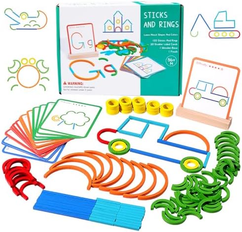 120-Piece Wooden Pattern Blocks Set with Sticks and Rings - Montessori Shape Puzzles for 3-8 Year Olds, Ideal Educational Toy for Preschool and Kindergarten Kids by Unknown