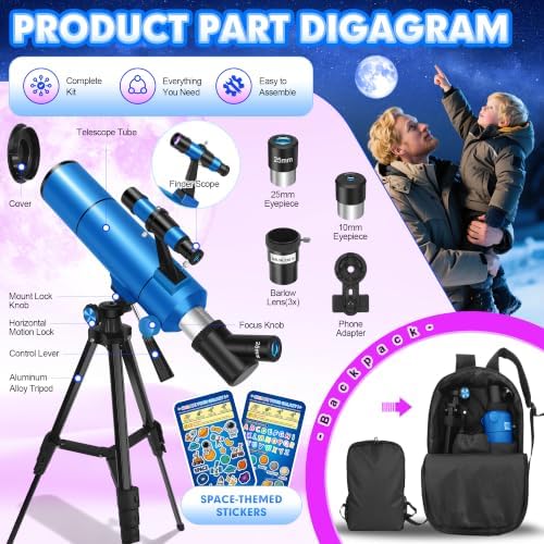 Telescope for Adults & Kids, 80mm Aperture 500mm (20X-150X) Professional Refractor Telescope for Astronomy Beginners, Portable Travel Telescopes with Tripod Phone Adapter, Stickers, Backpack - Image 6