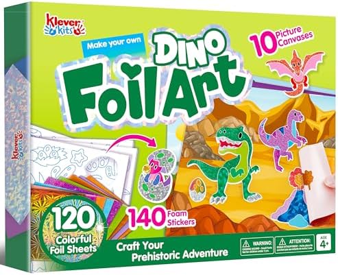 Klever Kits Foil Art Kit for Kids - Arts & Crafts Supplies, Mess Free Coloring, Dinosaur Foil Foam Stickers, Creative Travel Toys, Birthday Gifts for Boys & Girls Ages 4 and Up by KleverKits