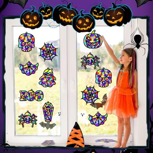 32 Sets Halloween Suncatchers Craft Kit DIY Window Stained Glass Effect Ghost Spider Skull Pumpkin Paper Crafts Home School Classroom Decoration Kid Birthday Gift Creative Art Project Activity Game - Image 6