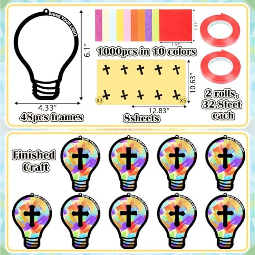 Renbuzhu 48PCS Sunday School VBS Crafts Bulk: Paper Lightbulb Cross Nativity Suncatchers, Jesus Religious Christian Activity DIY Kits Church Decorations, Window Stained Glass Effect Art Supplies - Image 3