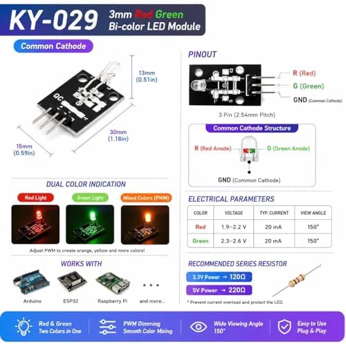 5 Pcs KY-029 3mm Two Color Red and Green LED Common Cathode Module Kit - Image 4