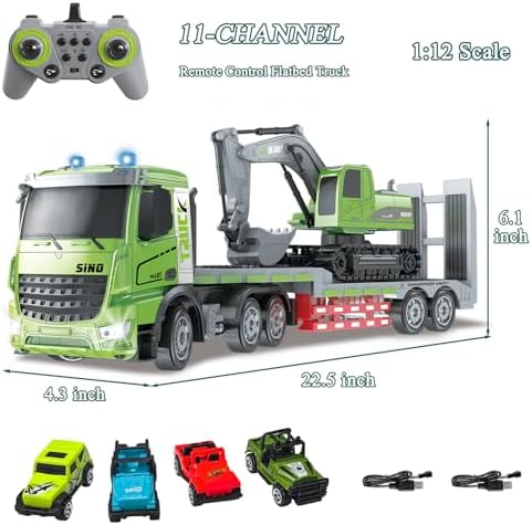 Fistone RC Semi-Trailer Truck & Excavator Toy Set, 1:12 Scale with Sound and Lights, 11CH 2.4Ghz Remote Control Flatbed Truck and Excavator Toys, Great Gift for Kids Boys - Image 6