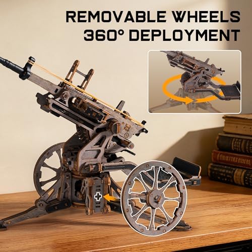 ROKR Anti-Aircraft Gun 3D Wood Puzzle for Adults - Mechanical Rubber Band Shooting Model Kit, DIY Building Set for Teens and Hobbyists, Desktop Decor - Image 3