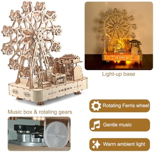 3D Wooden Puzzle for Adults, Ferris Wheels Music Box Model Kits with Light - Image 4