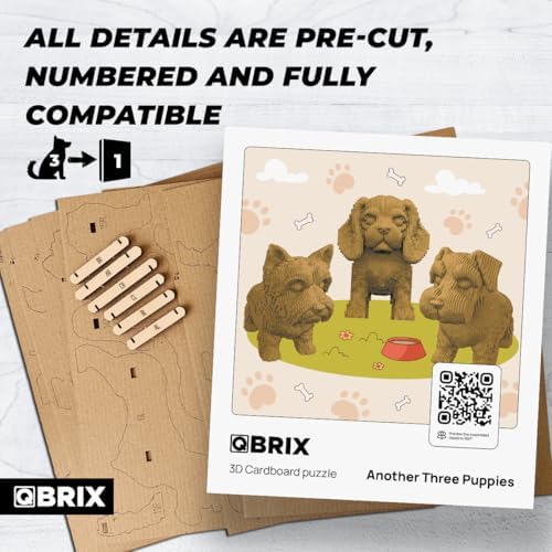 QBRIX Another 3 Puppies 3D Puzzle for Adults, DIY Craft Kit for Home Decor, 3D Model Kit for Teens 14+, Creative and Original Gift for Craftlovers, Cardboard Model Building Kit - Image 4