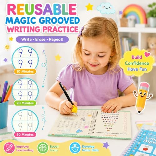 Vodolo 6 Pack Magic Grooved Writing Practice Books for Kids,Reusable Handwriting Practice with Pen,Pencil Grisp and Learning Schedule,Pecfect Tracing Copybook for Kindergarten Preschool Age 3-8 - Image 2