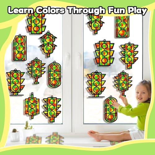 QOUBAI 32 Sets Traffic Light Suncatchers Craft Kit DIY Window Stained Glass Effect Traffic Lamp Paper Crafts Home School Classroom Decoration Kid Birthday Gift Creative Art Project Activity Game - Image 5