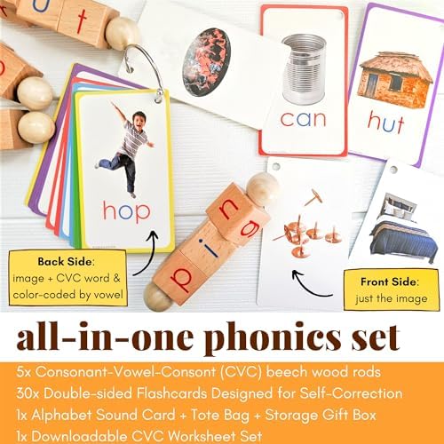 LITTLE BUD KIDS Spin-and-Read Montessori Phonetic Reading Blocks with CVC Phonics Flashcards for Beginner Readers, Montessori Reading Wooden Toys for 3 Years + - Image 3