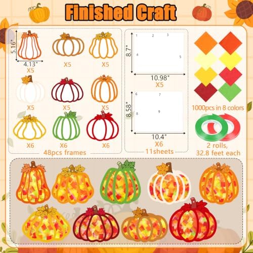 Renbuzhu 48PCS Fall Crafts Bulk: Pumpkin Paper Suncatchers DIY Kit for Autumn Thanksgiving Activities Decorations, Window Stained Glass Effect Art Supplies - Image 3