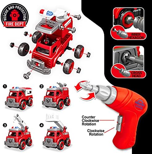 4-in-1 Take Apart Toys Truck with Electric Drill, DIY Assembly Fire Truck - Image 2
