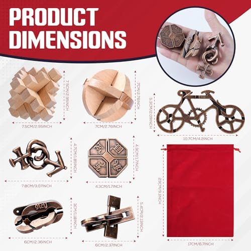 9pcs Metal & Wooden Brain Teaser Puzzles Set, 3D Brain Teasers Steel Puzzles for Adults Teens Kids, Educational IQ Unlock Interlock Puzzle Gift Set - Image 6