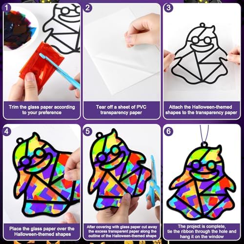 32 Sets Halloween Suncatchers Craft Kit DIY Window Stained Glass Effect Ghost Spider Skull Pumpkin Paper Crafts Home School Classroom Decoration Kid Birthday Gift Creative Art Project Activity Game - Image 3