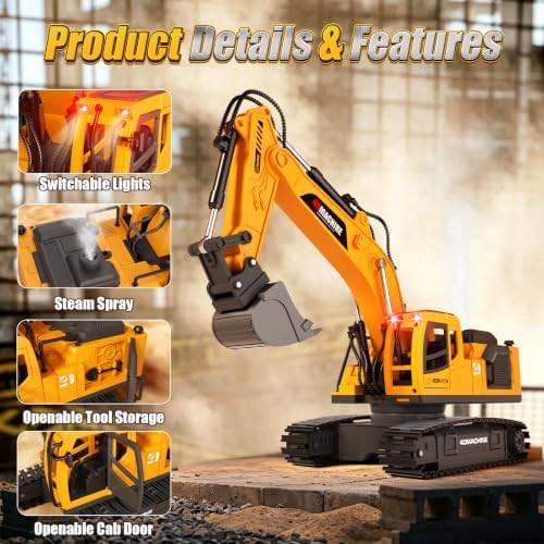 Jiakora 3-in-1 Remote Control Excavator Toy for Boys, 14-CH RC Construction Vehicle with 2 Rechargeable Batteries, Alloy Shovel, Drill & Grapple, Best Gifts for Kids Ages 3-5 4-7 6-8 9 10 12 Years Old - Image 4