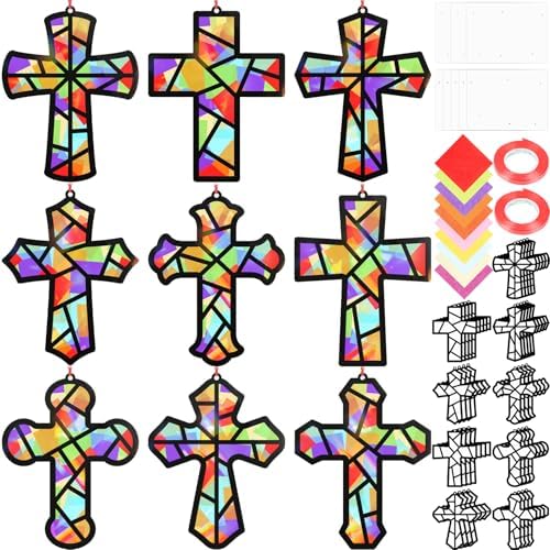 Renbuzhu 48PCS Sunday School VBS Crafts Bulk: Paper Cross Nativity Suncatchers, Jesus Religious Christian Activity DIY Kits Church Decorations, Window Stained Glass Effect Art Supplies - Image 6