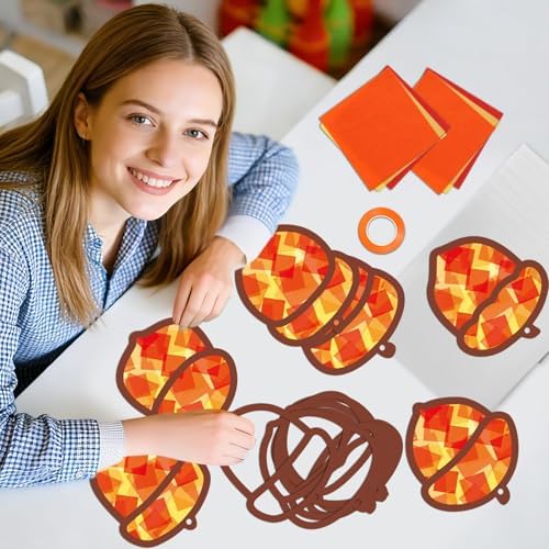 Qyeahkj 36 Set Fall Acorn Suncatchers Crafts for Kids DIY Autumn Window Tissue Paper Craft Kit Hanging Decor for Thinkgiving School Home Activity Art Project Birthday Party Favor Gift - Image 5