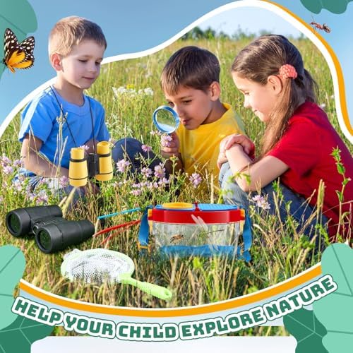 VioraWhite 6 Sets Bug Catcher Kit for Kids Outdoor Explorer Kit Summer Bug Collection Kit with Kids Binoculars Butterfly Net Magnifying Glasses Tweezers Bug Observation Containers with Shoulder Strap - Image 4