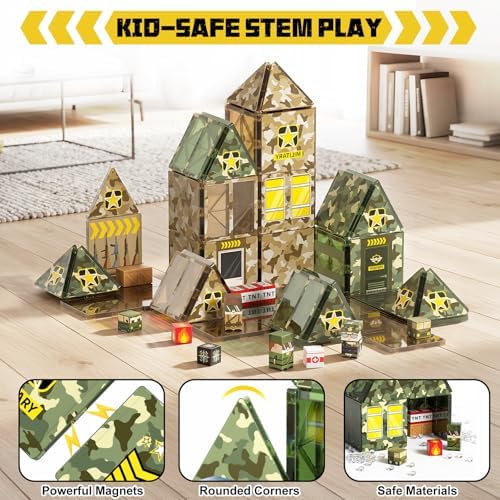 Bmag 109 PCS Military Magnetic Tiles Set, Army STEM Building Toys, Camo Printed Construction Blocks, Educational Play Gifts for Boys Girls Ages 3-12 - Image 3